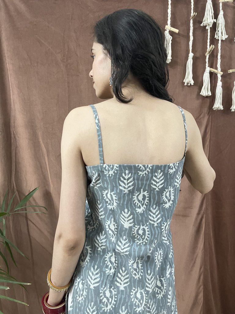 Back iew of grey block-print Indo Western camisole kurti