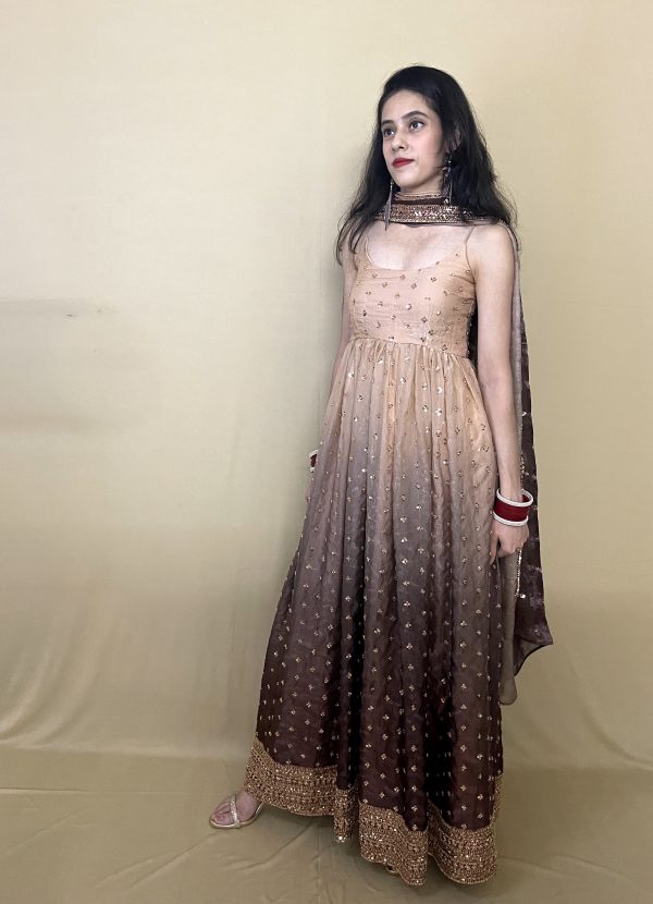 Sunehri Anarkali Suit Sunehri double tone Anarkali suit for women in champagne beige and chocolate brown with golden embellishments by HauteKaari