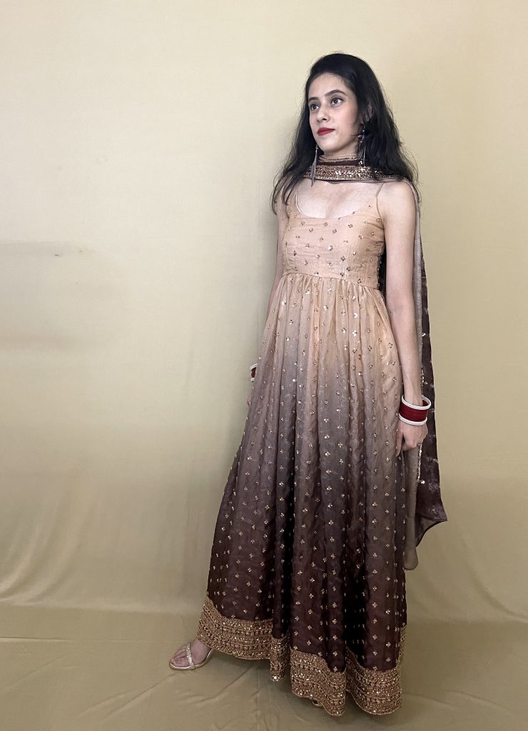 Sunehri Anarkali Suit Sunehri double tone Anarkali suit for women in champagne beige and chocolate brown with golden embellishments by HauteKaari