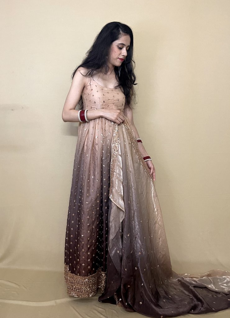 Sunehri double tone Anarkali suit for women in champagne beige and chocolate brown with golden embellishments by HauteKaari