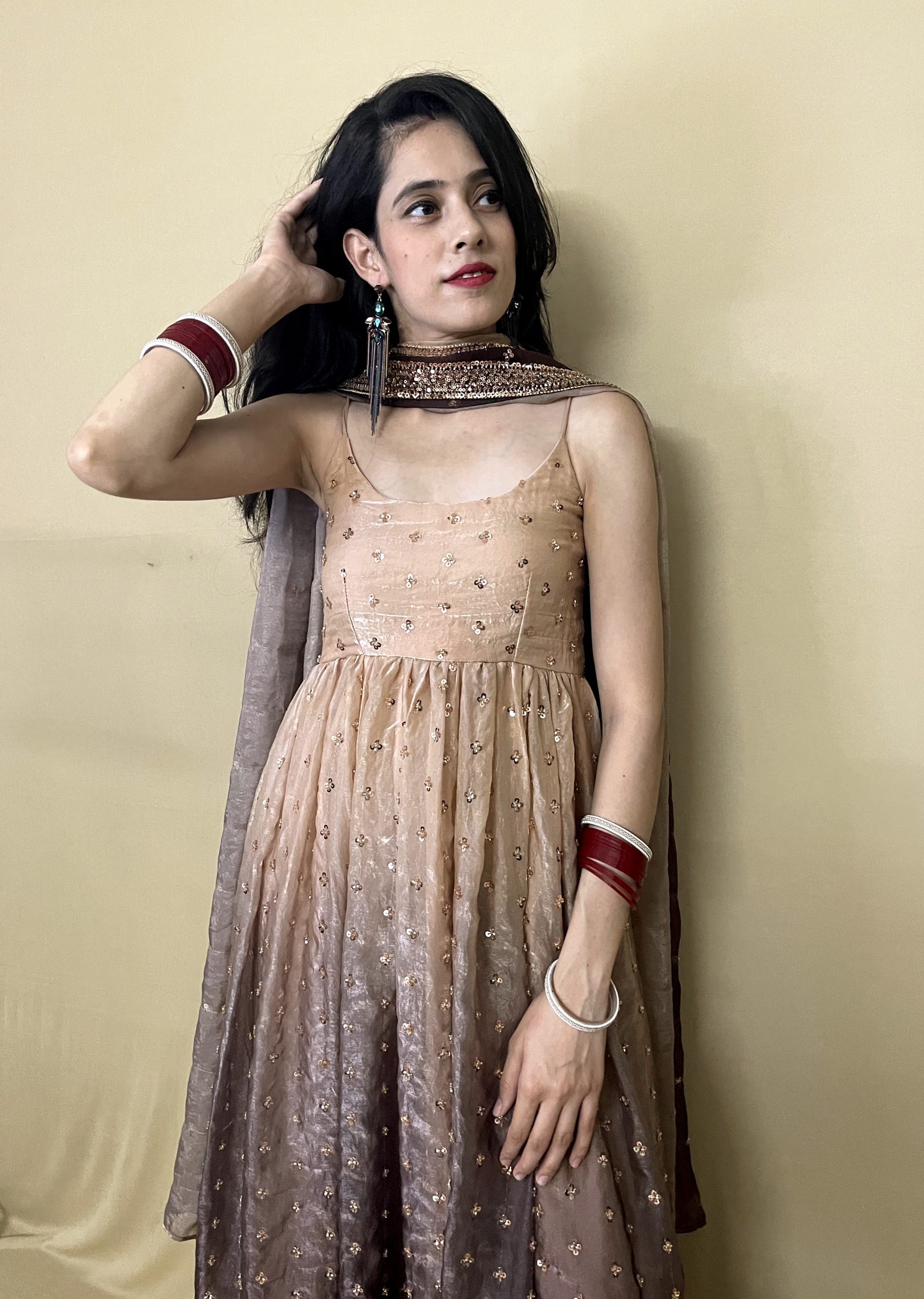 Sunehri double tone Anarkali suit for women in champagne beige and chocolate brown with golden embellishments by HauteKaari
