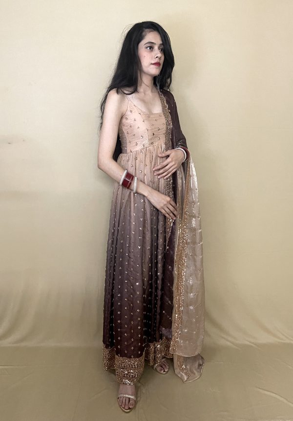 Sunehri double tone Anarkali suit for women in champagne beige and chocolate brown with golden embellishments by HauteKaari