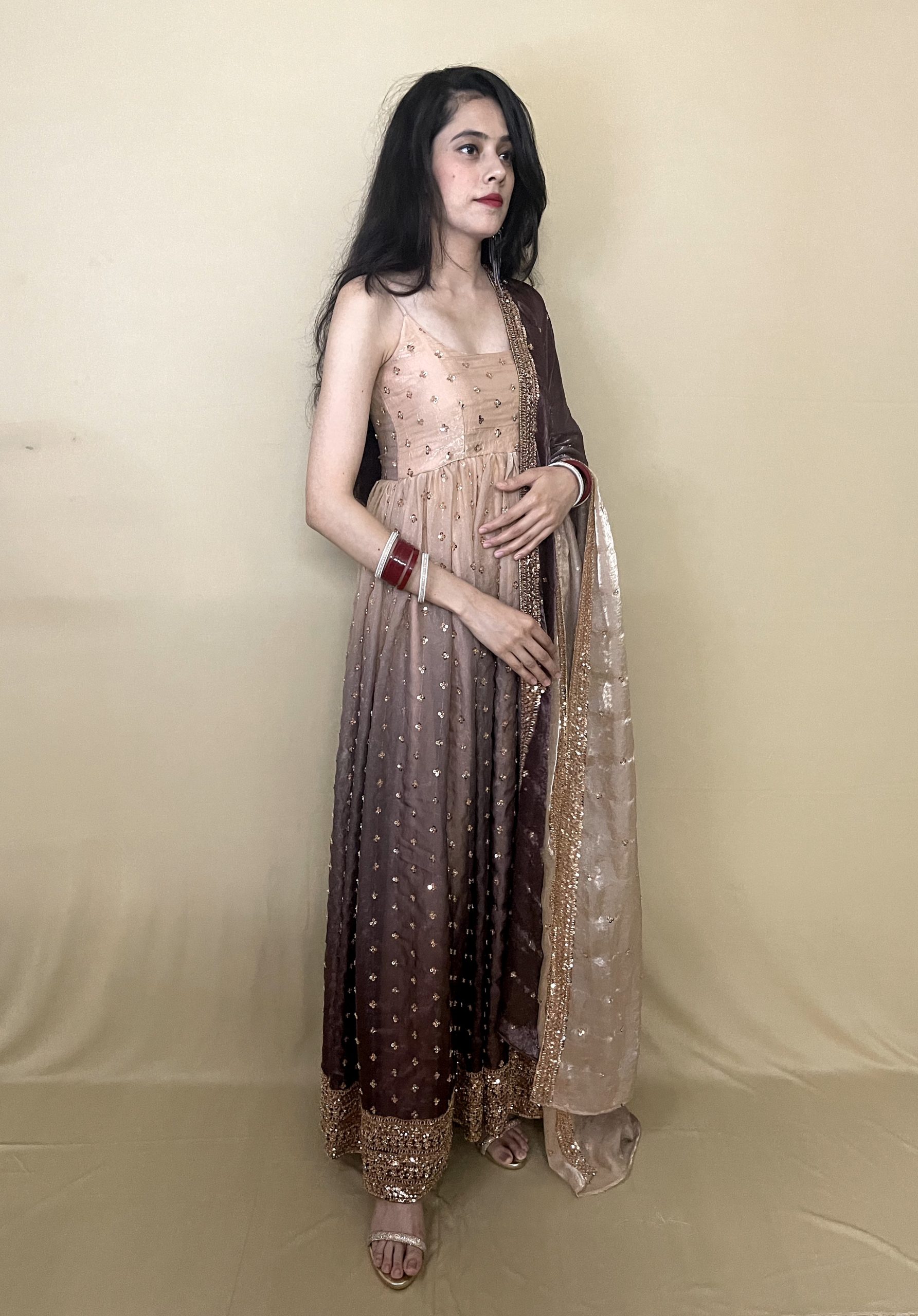 Sunehri double tone Anarkali suit for women in champagne beige and chocolate brown with golden embellishments by HauteKaari