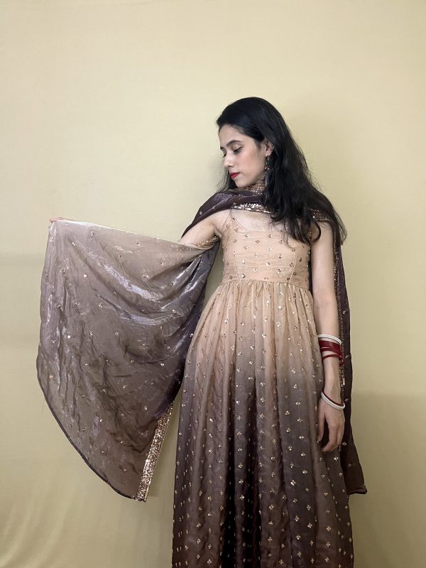 Sunehri double tone Anarkali suit for women in champagne beige and chocolate brown with golden embellishments by HauteKaari