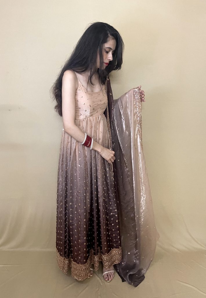 Sunehri double tone Anarkali suit for women in champagne beige and chocolate brown with golden embellishments by HauteKaari Sunehri Anarkali Suit